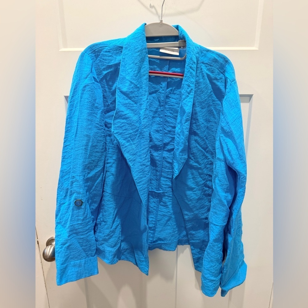 Chico’s Size 2 Turquoise Blue Blazer Jacket One Button Career Textured Lined